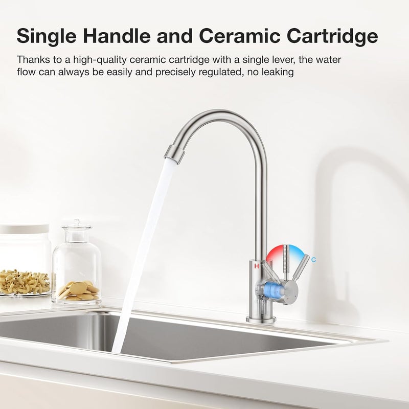 Crea Brushed Faucet for Kitchen Bar Outdoor Sink 1 Hole 3Holes(with Deck Plate)，High Arc 360°Swivle Single Handle Tap Brushed 304 Stainless Steel - Image 4